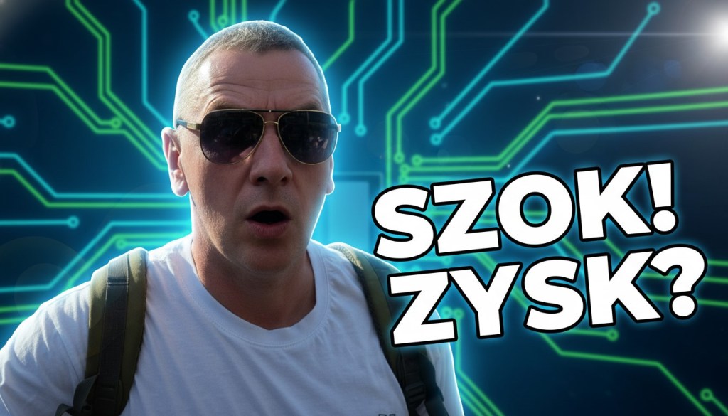 Mężczyzna w okularach przeciwsłonecznych, zaskoczony z wyrazem twarzy, na tle wzoru obwodów elektronicznych. Na pierwszym planie tekst "SZOK! ZYSK?".