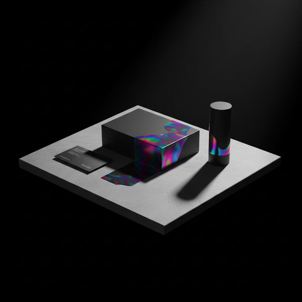 A meticulously arranged set of brand artifacts—an unbranded matte-black product box, a sleek metallic business card, and a minimalist cylindrical package—each partially wrapped in an iridescent, AI-generated pattern that looks like liquid code. These objects rest on a smooth concrete slab that appears to float above a deep black void. A strong, directional spotlight from the upper right carves precise, geometric shadows across the slab and emphasizes the textures: velvety matte surfaces versus glossy iridescent overlays. The mood is luxurious, experimental, and unapologetically bold. Photographic realism, shot from a slightly elevated three-quarter angle, with a clean, minimalist background that showcases how artificial intelligence can radically elevate brand aesthetics.
