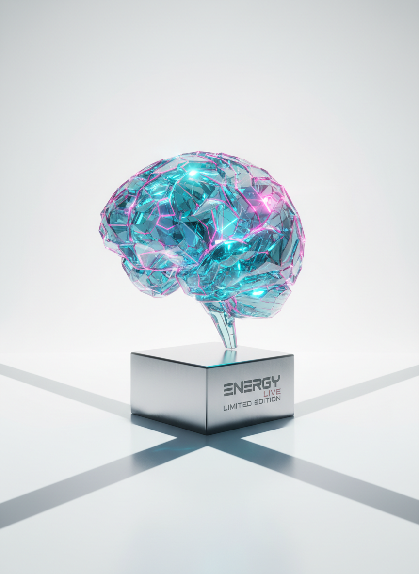 A luminous, semi-transparent AI brain made of interconnected glass polygons, each facet refracting electric cyan and magenta light, floats above a simple brushed-metal plinth engraved with the words “ENERGY LIVE LIMITED EDITION”. The plinth sits on a pristine white floor that melts into a seamless background. Two opposing spotlights from left and right create razor-sharp, intersecting shadows and intense specular highlights on the glass surfaces. The atmosphere is experimental and audacious, suggesting impossible ideas made real. Photographic realism, centered composition with a slightly elevated angle, high contrast and minimal color palette, conveying a bold, cutting-edge creative studio that merges technology with brand identity.