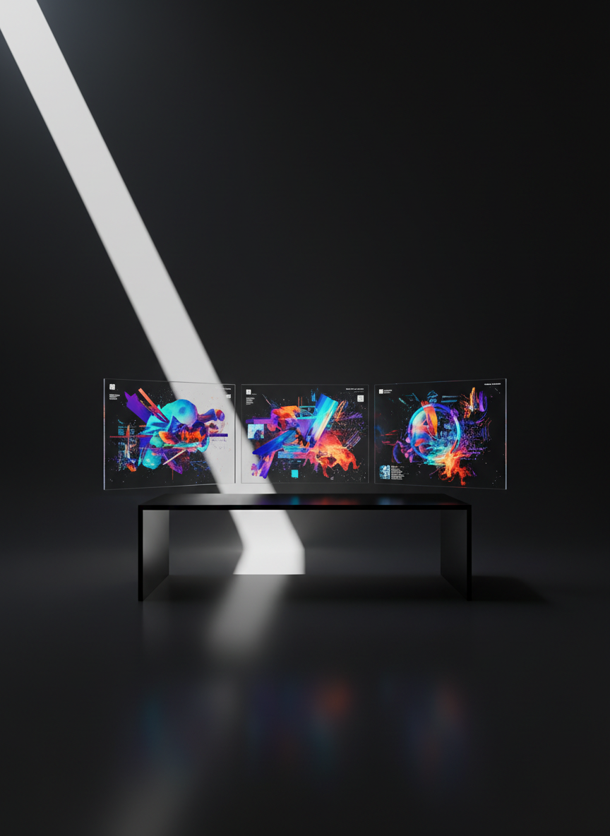 An ultra-modern, high-gloss black desk with razor-thin edges supports three large, frameless holographic screens displaying vivid, abstract brand moodboards and AI-generated concept art. The desk is positioned in the center of a cavernous, dark studio with no clutter, only a smooth graphite floor extending into a gradient black backdrop. A single, intense diagonal beam of white light from the upper left illuminates the desk surface and screens, leaving the surroundings in dramatic shadow. The mood is focused, visionary, and high-tech. Photographic realism, wide-angle lens with leading lines drawing the eye to the glowing screens, minimalist background maximizing visual impact, perfect for a bold creative AI agency hero image.