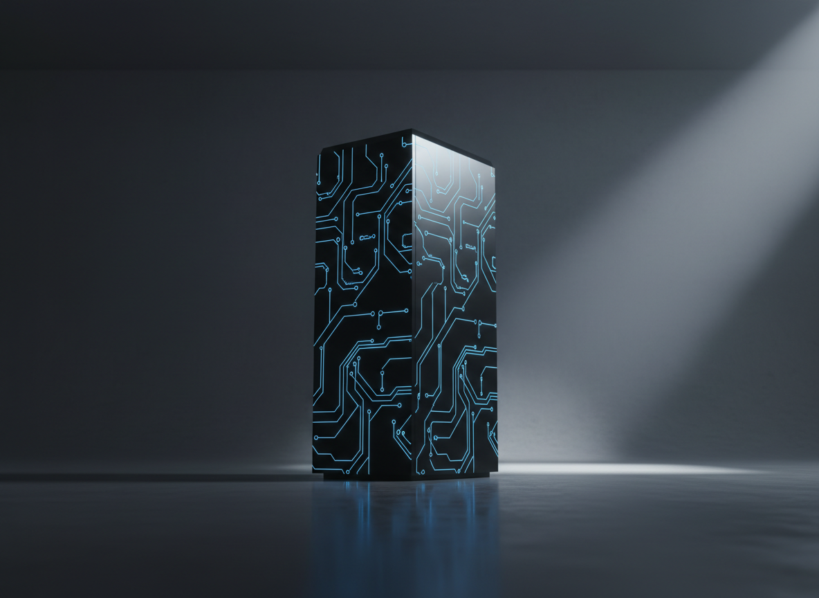 A sleek, glossy black monolith-style server tower with intricate neon-blue circuitry patterns subtly glowing across its surface, symbolizing artificial intelligence. It stands on a reflective charcoal concrete floor in a vast, minimalist studio with seamless dark grey walls. A single sharp beam of cool white directional light cuts in from the right, carving out crisp, high-contrast shadows and highlighting edges like a product shoot. The mood is bold, futuristic, and powerful. Photographic realism, shot at eye level with a centered composition and shallow depth of field, keeping the tower in razor-sharp focus while the background fades into soft blur, emphasizing technological precision and creative energy.
