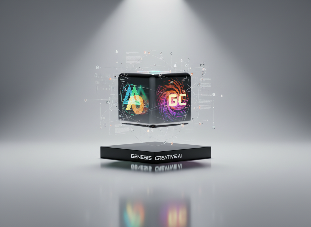 A floating chrome cube, each face displaying a different vibrant brand logo abstracted into geometric shapes made of light, hovers above a matte black pedestal. Thin holographic lines and symbols orbit the cube, suggesting data and AI algorithms at work. The environment is a stark, seamless white studio with a polished floor that catches clean reflections. A strong, high-contrast spotlight from above and slightly behind the cube casts a sharp-edged shadow forward, creating a dynamic, dramatic feel. Photographic realism with a slightly low-angle perspective, minimalist composition, and punchy colors, expressing a bold creative agency transforming brands through artificial intelligence.